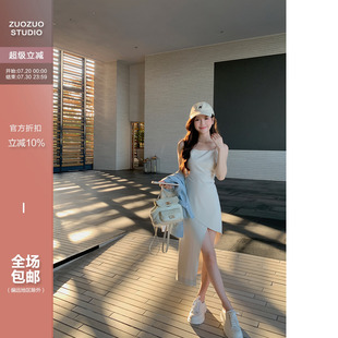 佐佐家小個子設計不規則吊帶連衣裙女春夏修身 裙子 顯瘦開叉中長款