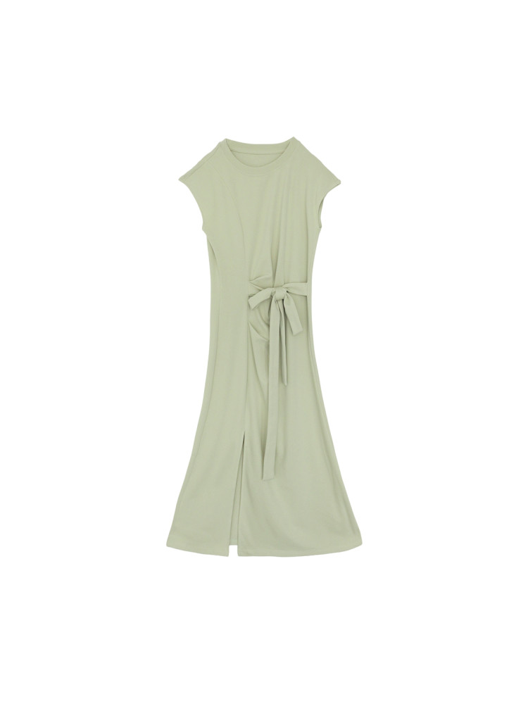 Light green sleeveless midi dress with a waist tie on a white background