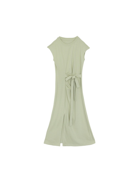 Light green sleeveless midi dress with a waist tie on a white background
