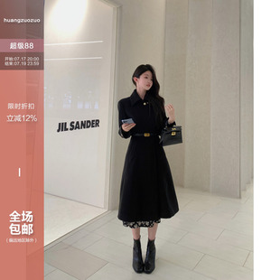 佐佐家小个子 赫本风中长款黑色毛呢外套女秋季收腰百搭显瘦大衣