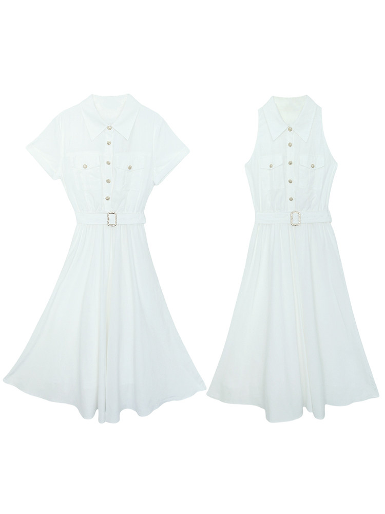 White sleeveless collared dress shown in two views on a white background