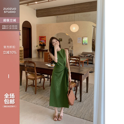 佐佐家小个子法式绑带无袖背心连衣裙夏季女圆领收腰显瘦中长裙子