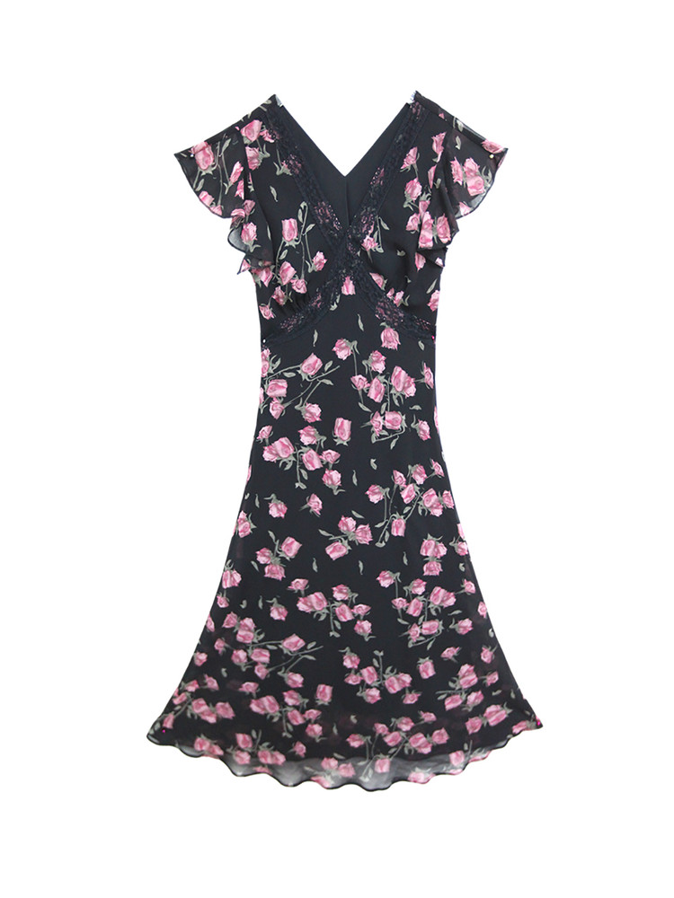 Black floral ruffled dress on a white background