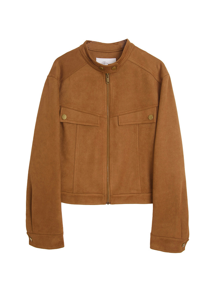 Brown zip-up jacket with front pockets on a white background