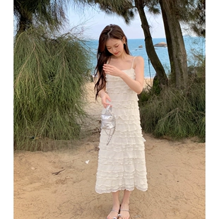 宽松直筒气质长款 佐佐家小个子白色法式 吊带连衣裙女春季 蛋糕裙子