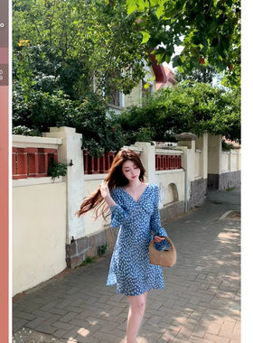 佐佐家小个子 法式气质喇叭袖V领碎花连衣裙春秋季女收腰显瘦裙子