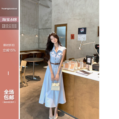 佐佐家小个子时髦复古翻领A字显瘦衬衫连衣裙夏季女高收腰长裙子
