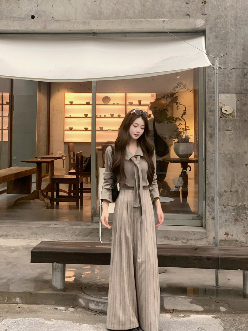 Model wearing a taupe long-sleeve tie-front blouse with pleated wide-leg pants