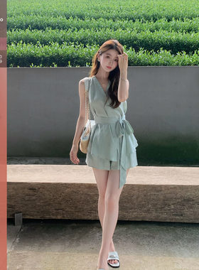 Huangzuozuo小个子韩系绑带无袖上衣/阔腿短裤套装夏季女两件套