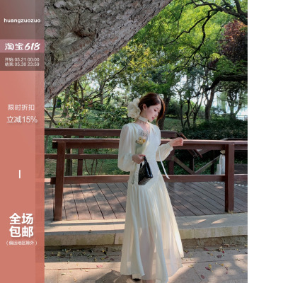 佐佐家小个子 气质V领飘带褶皱白色长袖收腰连衣裙春秋季女长裙子