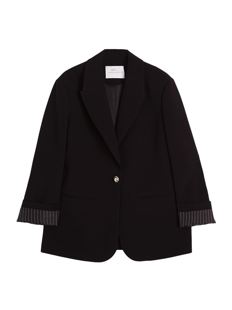 Black blazer jacket laid flat on a white background