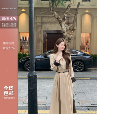 佐佐家小个子韩系高级感气质领结长袖风衣连衣裙春秋季女显瘦裙子