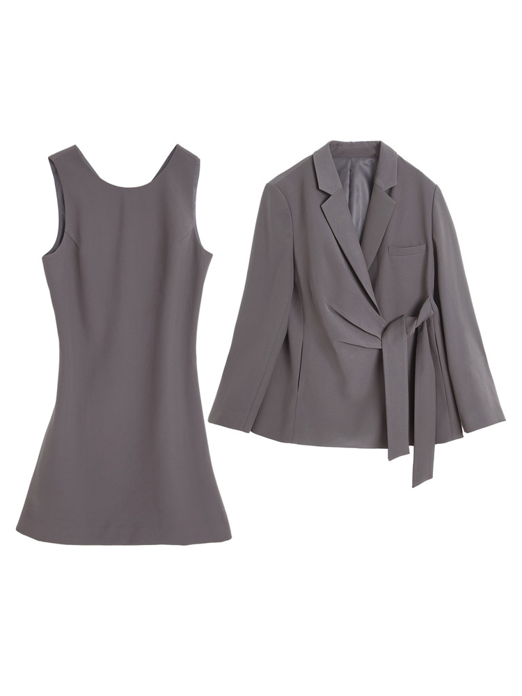 Gray sleeveless dress with matching blazer laid flat on a white background