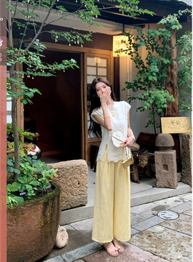 佐佐家小个子黄色百搭显瘦直筒阔腿裤夏季女垂感宽松休闲薄款裤子