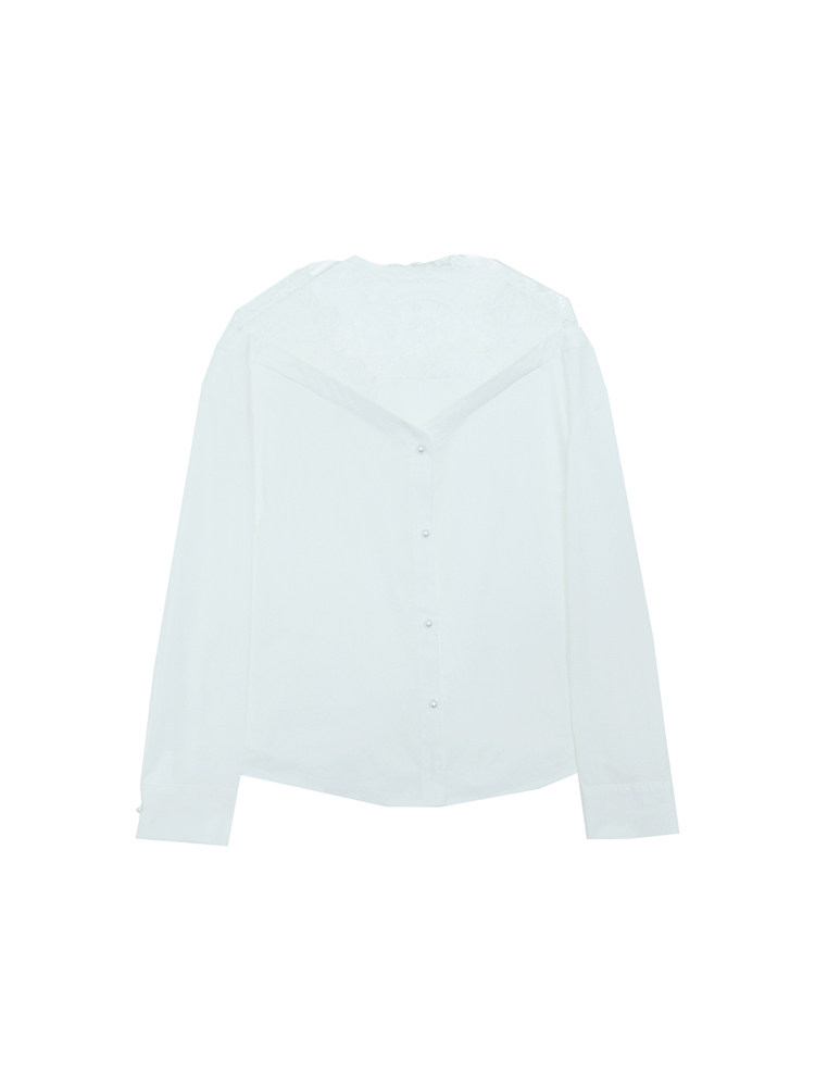Light blue long-sleeve button-front blouse laid flat on a white background