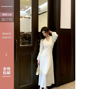 佐佐家小个子 白色优雅加绒蕾丝长裙女冬季长袖v领修身内搭连衣裙