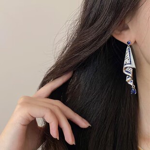 法式重工满钻蓝色绸带耳环2025新款中古vintage高级感长款耳饰女