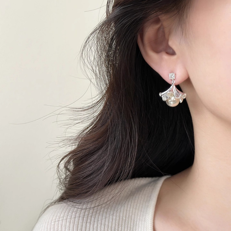 小众扇形银杏叶流苏珍珠耳环女夏