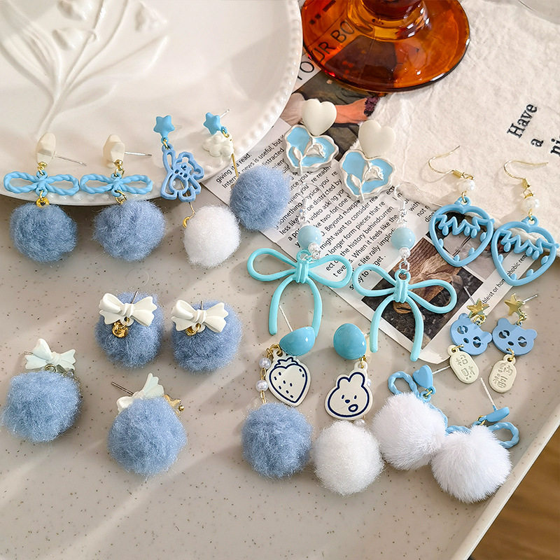 原创蓝色耳环甜美少女秋冬耳饰