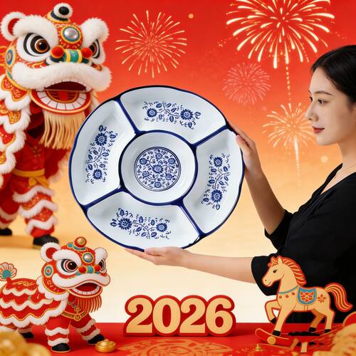【新年用】盘青花瓷五格拼盘陶瓷圆形分格蒸盘分餐盘减脂三格盘子