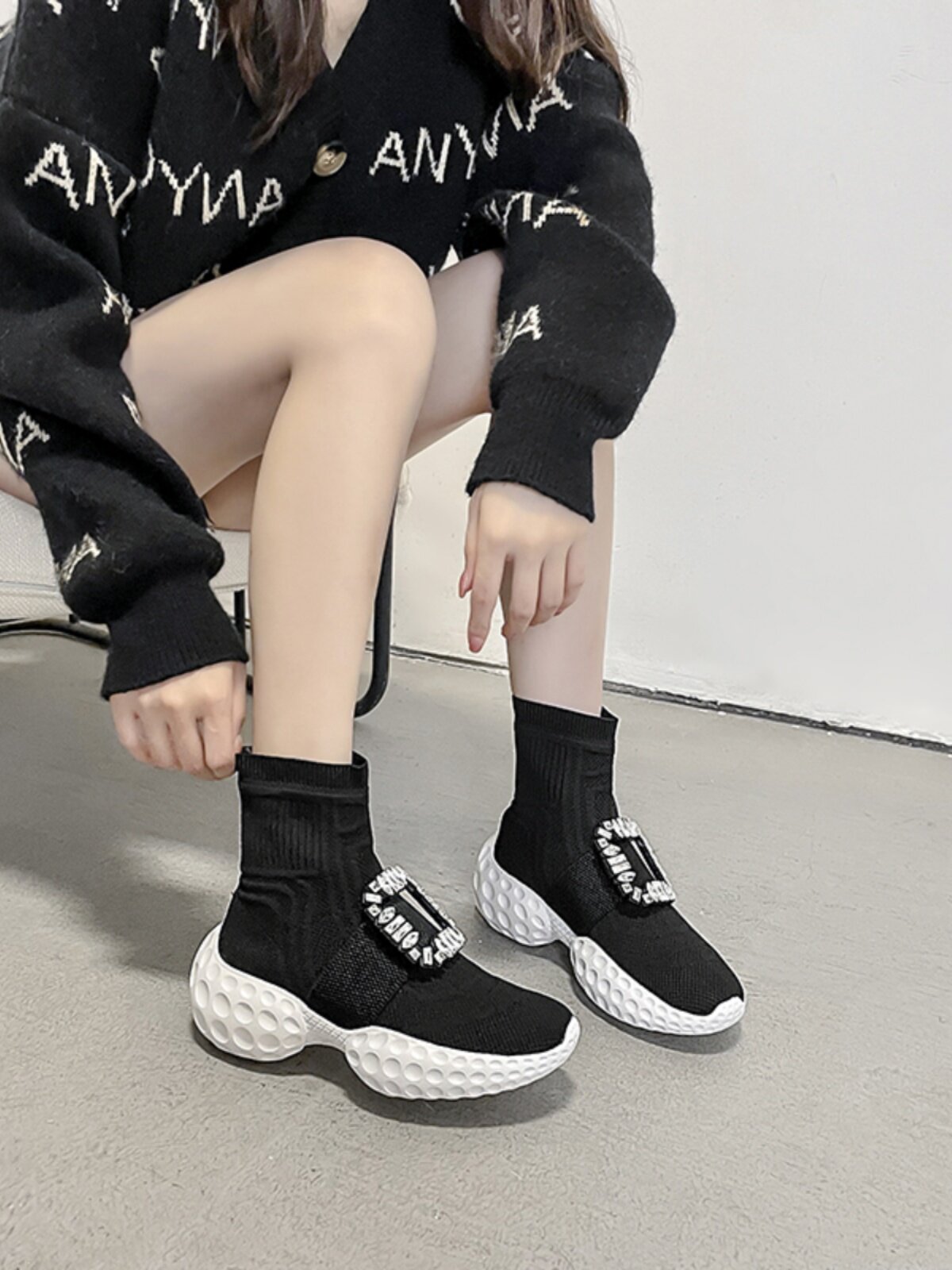 RV RHINESTONE SQUARE BUCKLE KNITTED BOOTIES SOCK SHOES ATHLEISURE HEIGHTENED GENUINE LEATHER PLATFORM SOLES DAD SHOES STRETCH SKINNY BOOTS