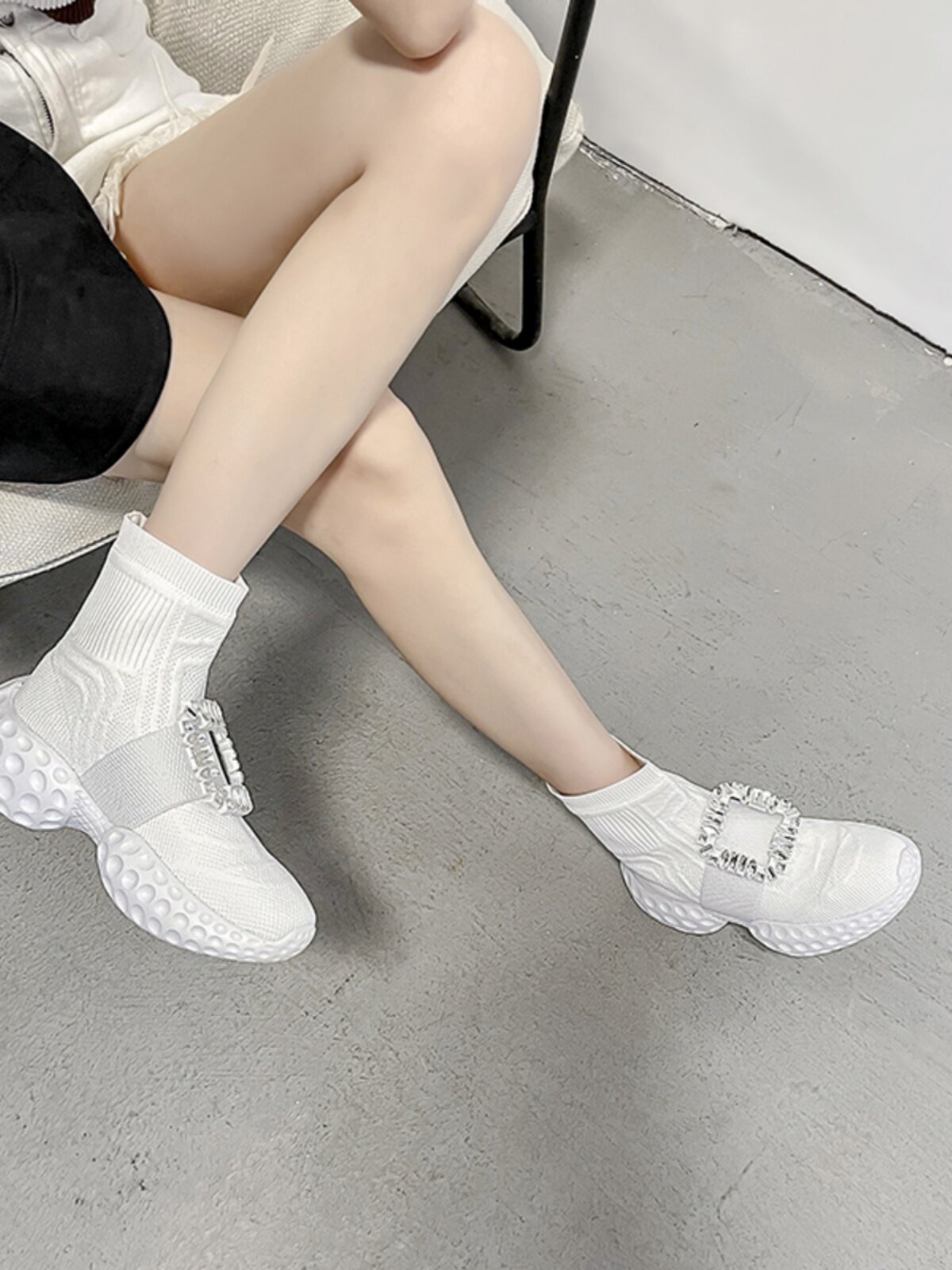RV RHINESTONE SQUARE BUCKLE KNITTED BOOTIES SOCK SHOES ATHLEISURE HEIGHTENED GENUINE LEATHER PLATFORM SOLES DAD SHOES STRETCH SKINNY BOOTS