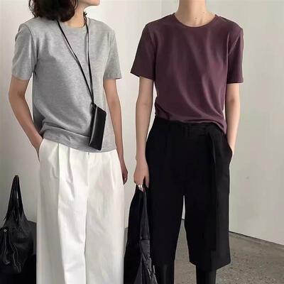 韩国BLUEPOPS简约圆领纯色短袖T恤女2024春宽松休闲百搭显瘦上衣