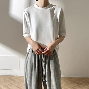 设计感纯棉小立领中袖t恤女五分袖宽松显瘦半高领短袖打底衫上衣