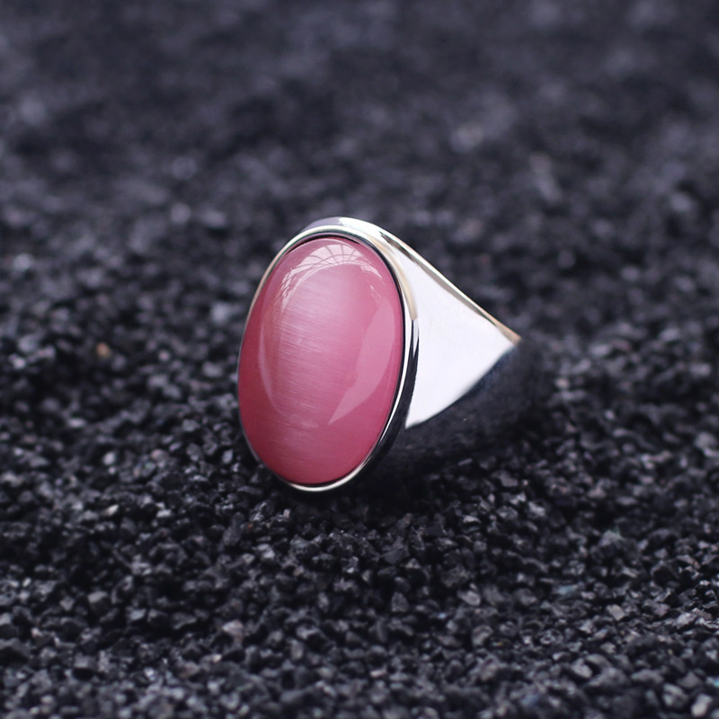大气不掉色欧美粉红猫眼石戒指男女款指环戒子时尚钛钢潮流男饰品
