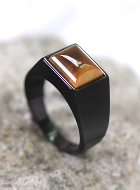 黑色韩版男士戒指虎眼石食指戒子