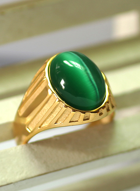 碧绿猫眼石戒指男士钛钢韩版指环