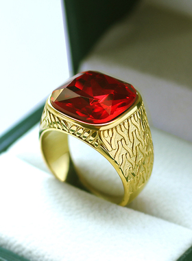 24K黄金钛钢红宝石戒指男士方形