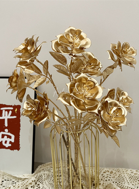 3头金色玫瑰花仿真花塑料年宵花