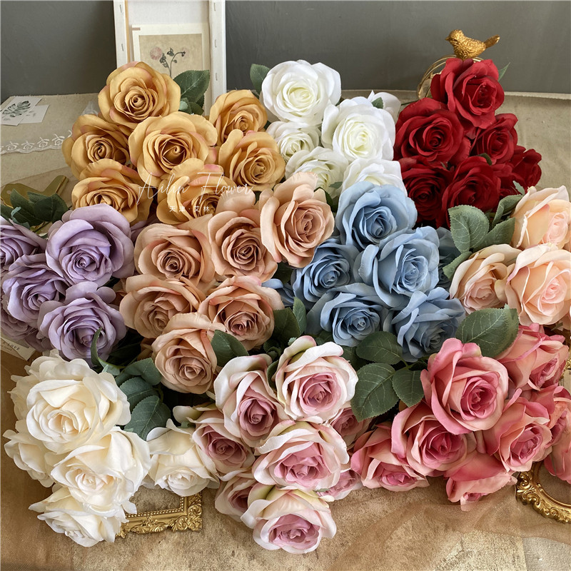 9头心意玫瑰 圆花束婚庆手捧仿真花月季绢花法式淡雅家居外贸摆放