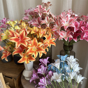 仿真9头把束3D百合花仿真花百合客厅婚庆装饰花束家居摆件手捧花