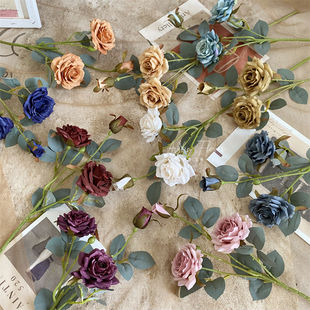 3头秋意小玫瑰 仿真花卷边角边玫瑰月季绢花油画复古法式跨境外贸