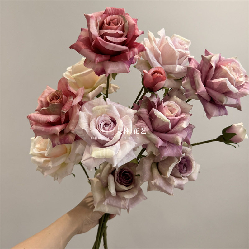新款仿真3头国潮玫瑰花束仿真花DIY材料包家居装饰生日礼物粉色系