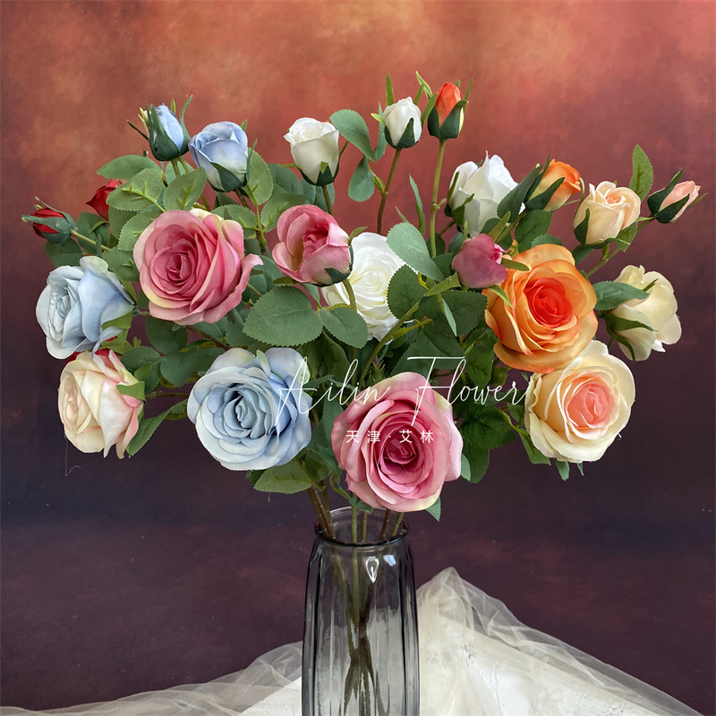 4头芙蓉玫瑰 双子仿真花单枝家居装饰外贸跨境玫瑰花绢花月季落地