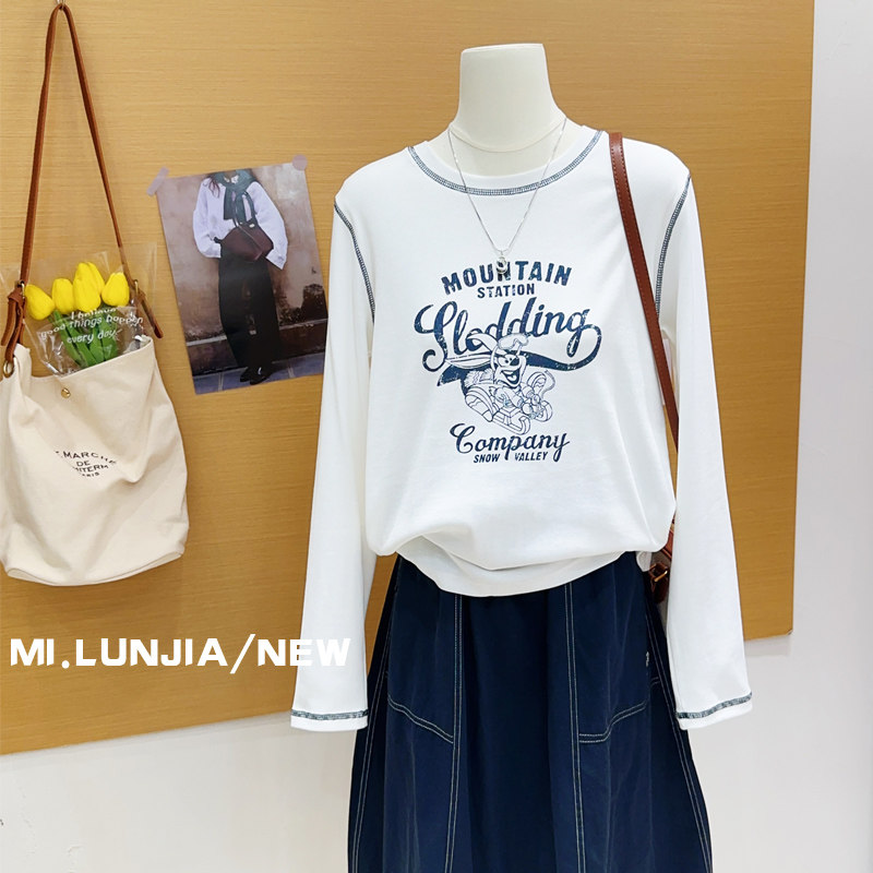 复古俏皮减龄~韩代款2025秋季正肩长袖上衣女小个子螺纹棉T恤显瘦,女装/女士精品,T恤,淘宝优惠券,粉丝福利购,淘宝优惠卷