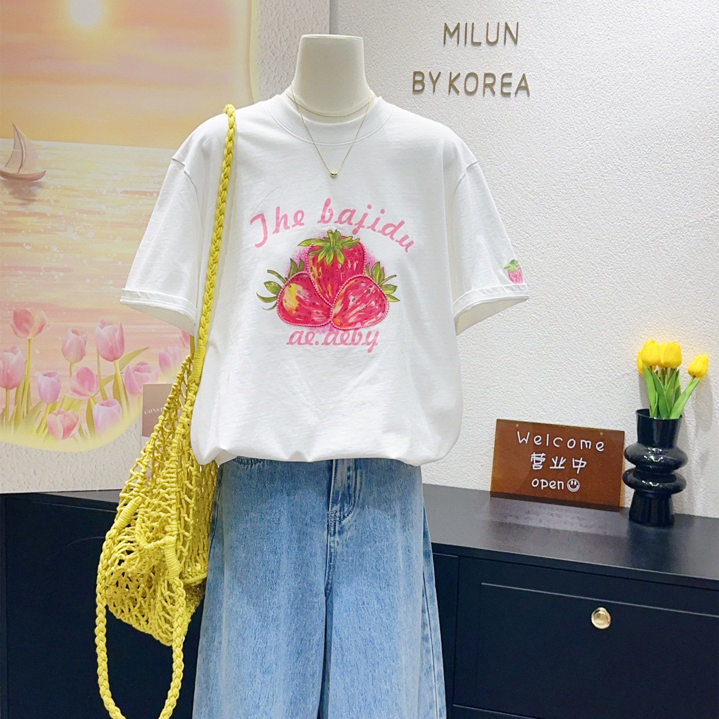 清新又甜美~韩国东大门春夏季草莓印花100%纯棉短袖上衣宽松大码