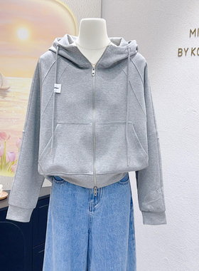 Lu家同款高品质~韩代款春秋季立体剪裁拼接连帽灰色外套显瘦遮肉