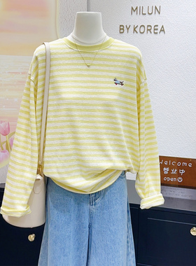 质感清甜多巴胺~柠檬黄色条纹长袖韩国单2026春减龄休闲上衣大码