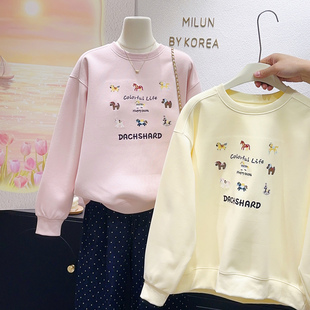 轻氧浅粉黄色~韩国东大门春季新款刺绣小马正肩上衣长袖卫衣宽松