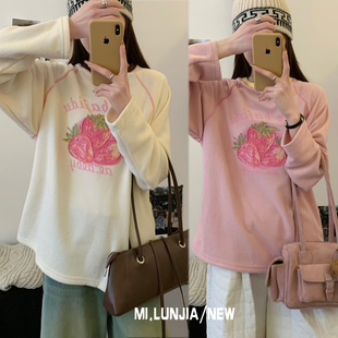软糯又很甜~韩代款chic设计感草莓粉色毛巾棉上衣加绒T恤打底大码
