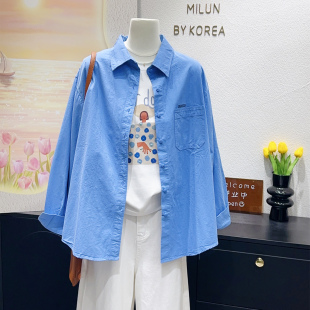 宽松开衫 韩国蓝色100%棉衬衣长袖 高级感外套 博主推荐 2026春时尚