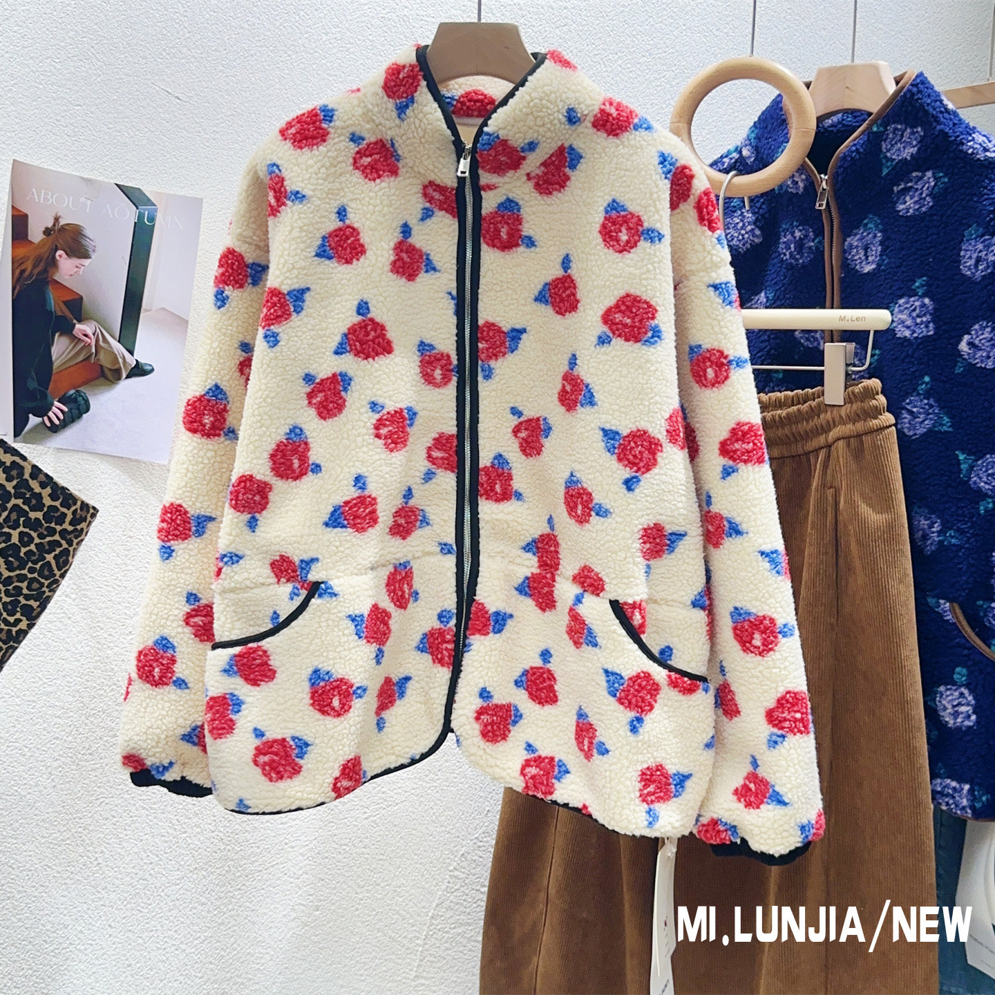 韩系秋冬玫瑰花仿羊羔绒毛毛外套