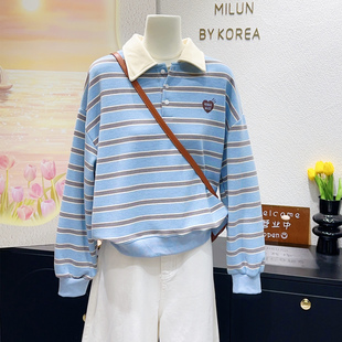 清新氧气感显瘦显高 韩国单复古Miu系撞色翻领条纹卫衣女 2026春季
