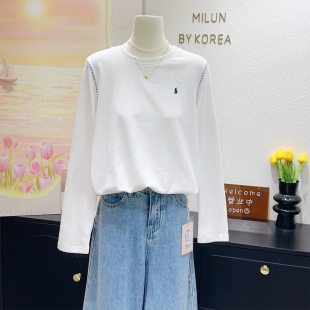肩部刺绣是亮点 T恤打底正肩上衣 2026韩国单简约刺绣拉夫白色长袖