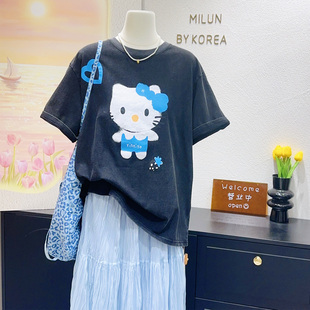 是蓝色的kitty猫吖~韩国东大门高品质100%棉复古减龄短袖上衣大码