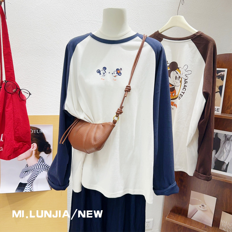 复古米奇上衣~韩国东大门秋季洋气磨毛加厚长袖中长款T恤遮臀大码